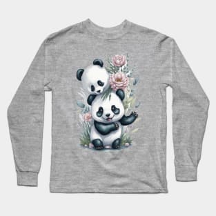 Two funny Pandas around Flowers: Scattered Watercolor in Pastel Colors Long Sleeve T-Shirt